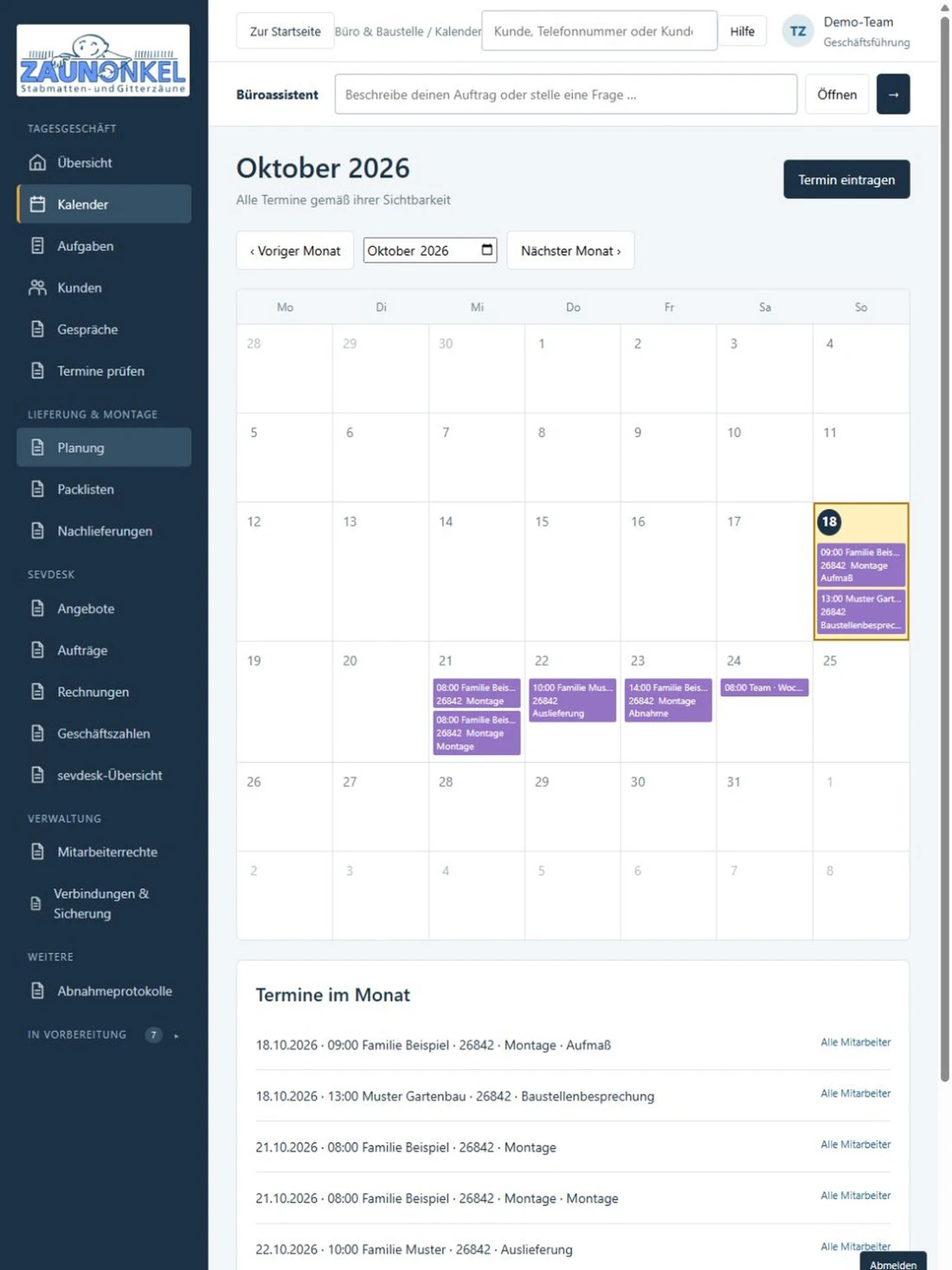 Handwerker-App: Monatskalender und Montageeinsätze mit erfundenen Beispieldaten