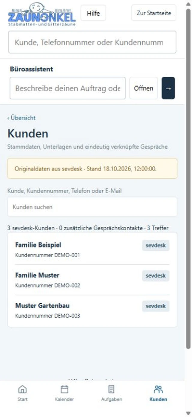 Mobile Kundenübersicht mit Familie Beispiel, Familie Muster und Muster Gartenbau