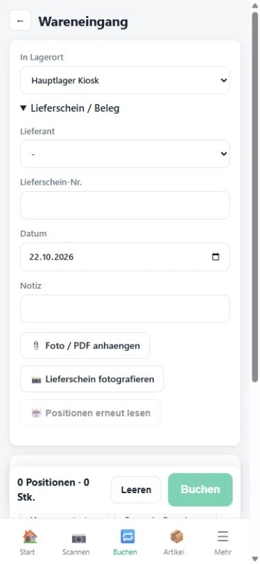 Mobiles Wareneingangsformular mit Funktionen für Lieferscheinfoto und PDF-Anhang, ohne Belegdaten
