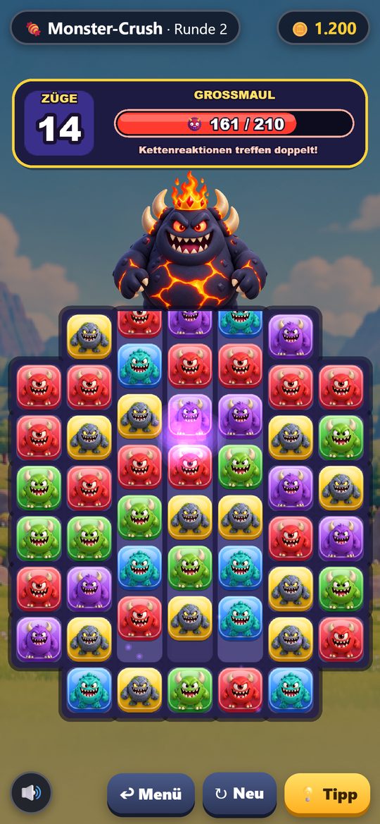 Monster-Crush: Drei-gewinnt-Feld mit Monster-Steinen, darüber ein Mini-Boss mit Lebensbalken