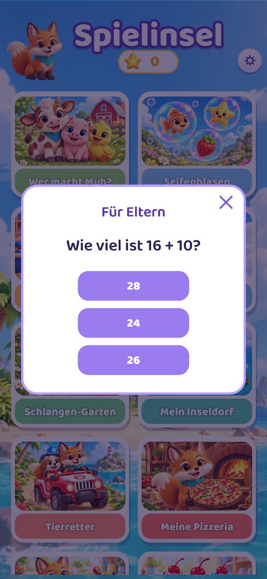 Spielinsel, Elternbereich: Vor den Einstellungen fragt die App „Wie viel ist 16 + 10?“ und bietet drei Antworten an