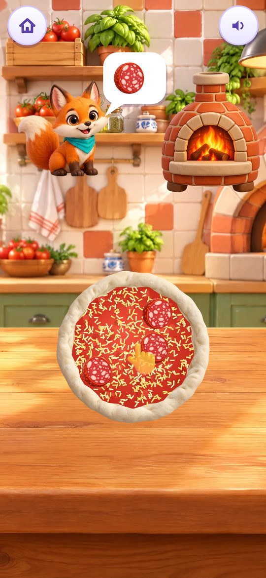 Spielinsel, Spiel Meine Pizzeria: ein Pizzaboden mit Tomatensoße und Salami auf dem Holztisch, daneben der Fuchs vor dem Steinofen
