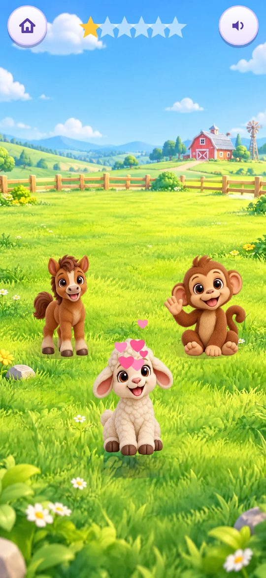 Spielinsel, Spiel Wer macht Muh?: Pony, Affe und Lamm auf einer Wiese vor einem Bauernhof, das Lamm ist richtig erkannt und hat Herzen über dem Kopf