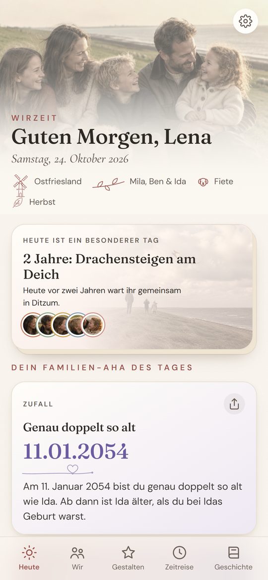WIRZEIT, Bildschirm Heute: Begrüßung, ein besonderer Tag der Familie und das Familien-Aha des Tages – mit der ausgedachten Beispielfamilie Sommer