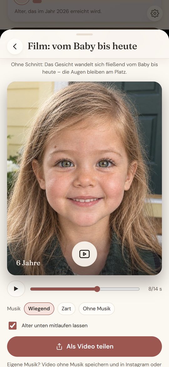 WIRZEIT, Film vom Baby bis heute: ein KI-erzeugtes Kindergesicht mit sechs Jahren, darunter Musikauswahl und Teilen