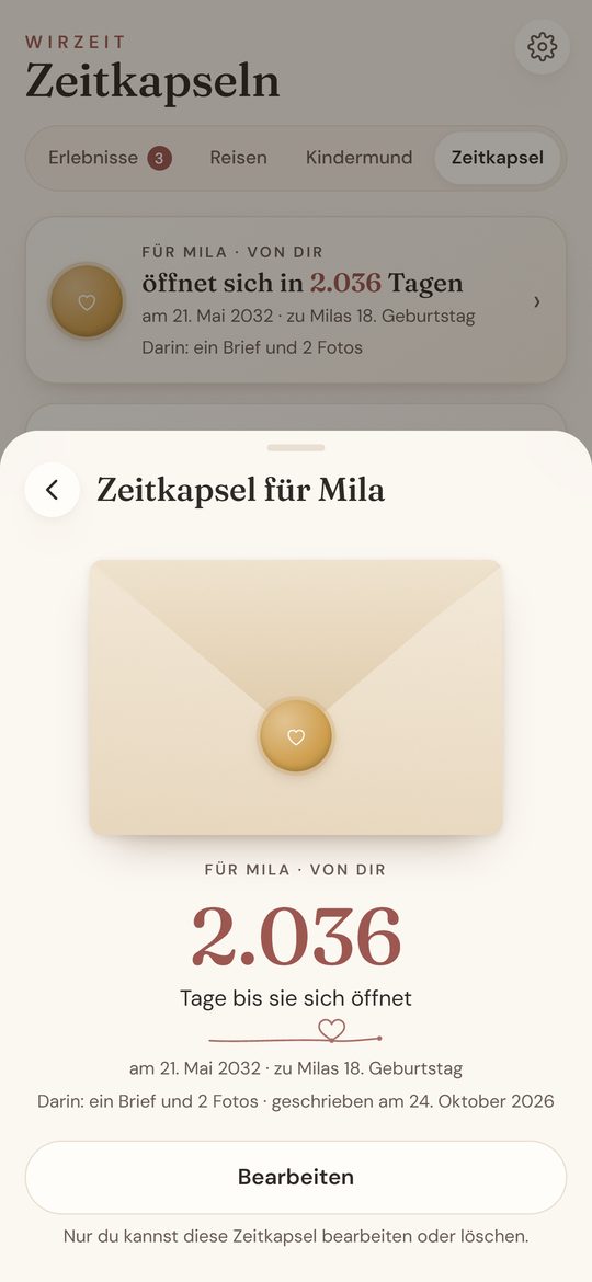 WIRZEIT, Zeitkapsel für ein Kind: verschlossener Brief, der sich in 2.036 Tagen öffnet