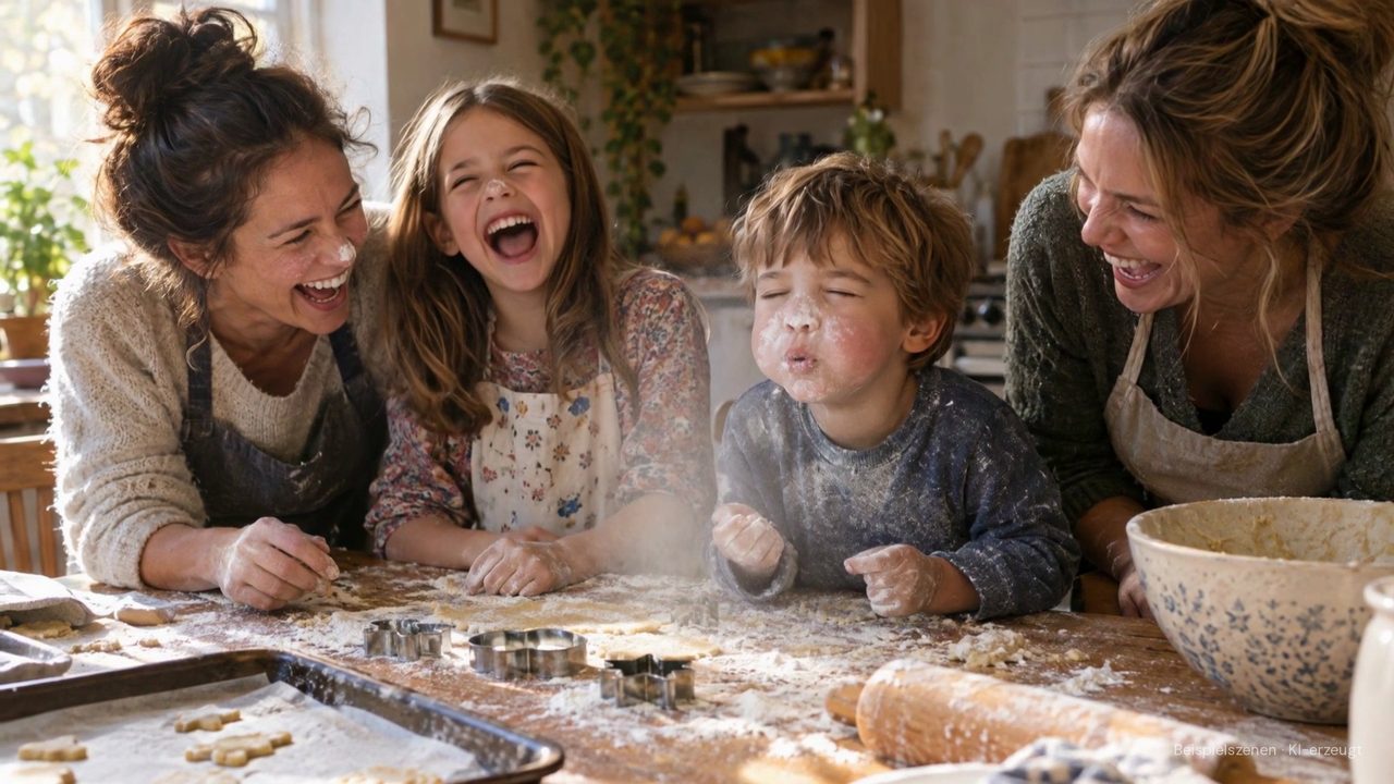 Standbild aus dem Präsentationsfilm: Eine Familie lacht beim Plätzchenbacken in der Küche, die Gesichter voller Mehl