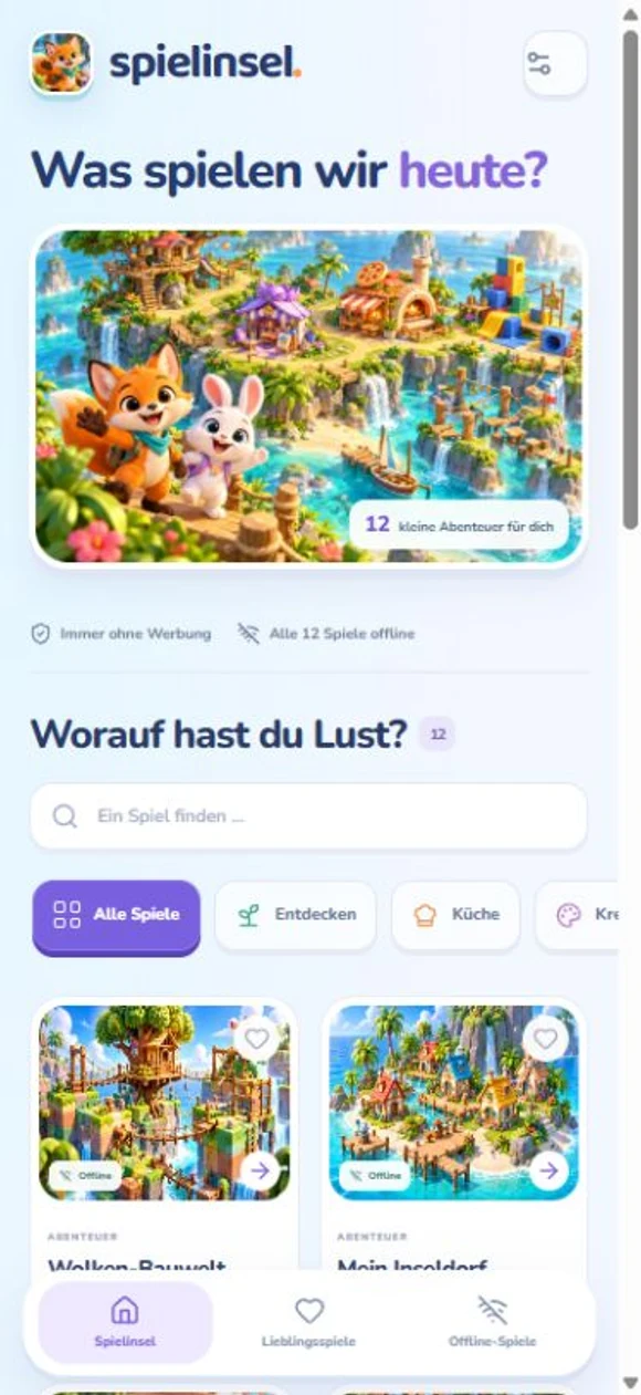 Tatsächliche Spielinsel-App mit Spieleauswahl und eigenen Grafiken