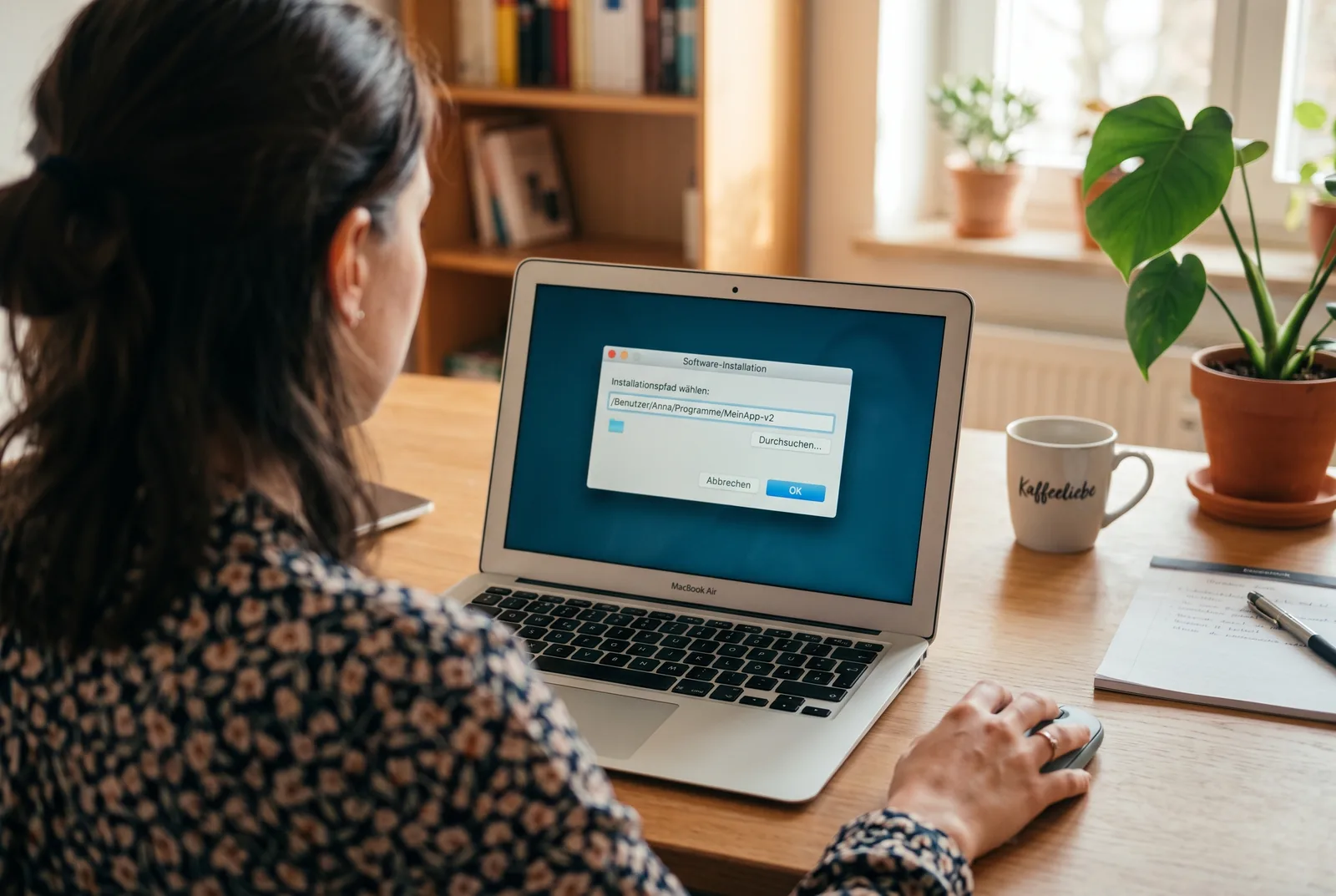 Over-the-shoulder-Blick auf einen Laptop mit einfachem Installationsfenster und Ordnerauswahl, eine Hand auf der Maus.