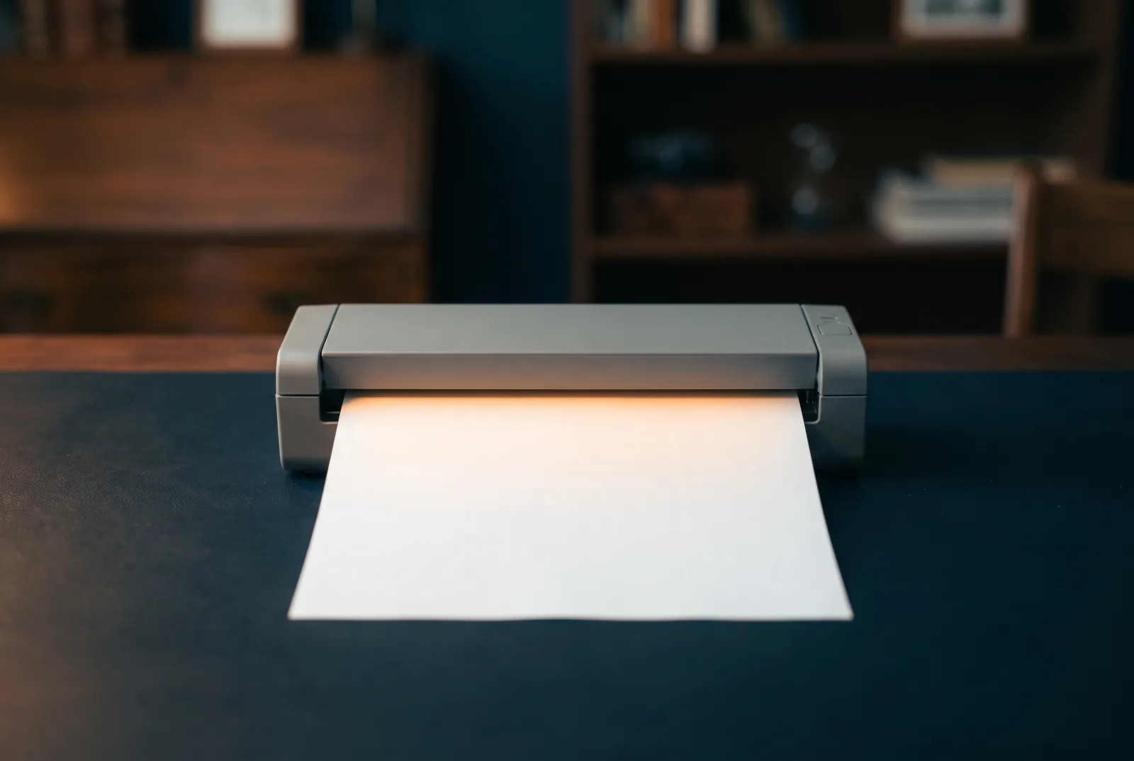 Makroaufnahme: Ein gefüllter Papierbogen wird gerade von einem Dokumentenscanner eingezogen, das Papier wird von innen warm beleuchtet.