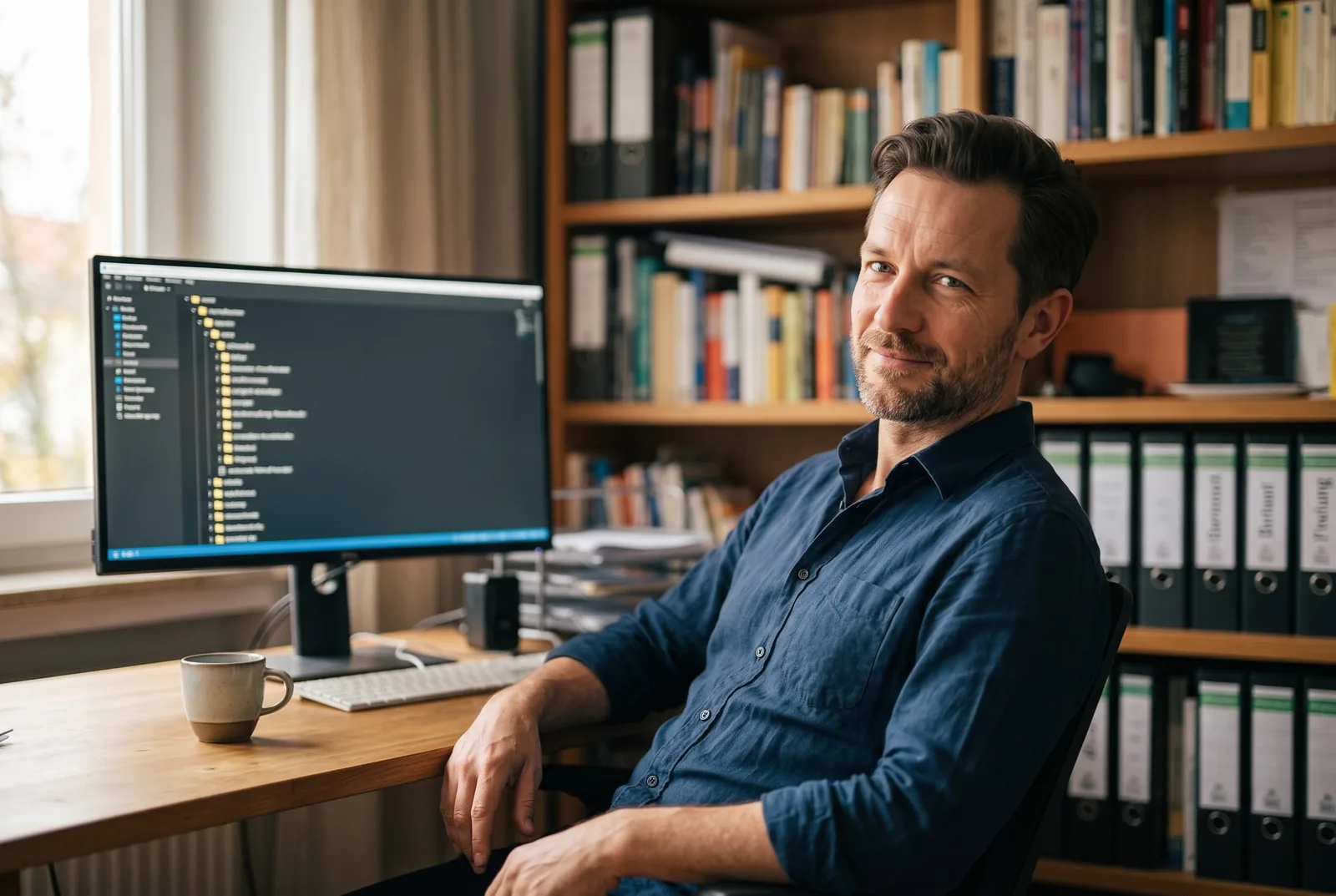Thomas lehnt entspannt zurück, auf dem Monitor ist ein aufgeräumter Ordnerbaum zu sehen, der Schreibtisch ist frei bis auf eine Kaffeetasse.